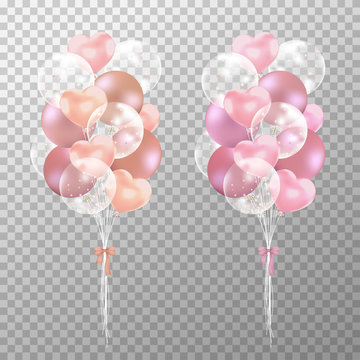 Rose gold balloons on transparent background. Realistic glossy rose gold and pink balloons vector illustration. Party balloons decorations wedding, birthday, celebration and anniversary card design.