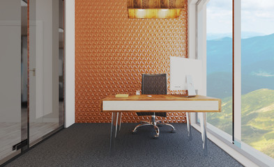 Interior of modern office room on a background of big mountains. Workplace employee of the company in the wooden style 3D rendering. mockup