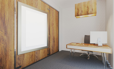 Modern office with wooden partitions. 3D rendering. Blank paintings. mockup