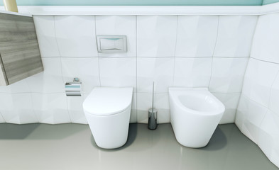 Naklejka na ściany i meble View of the toilet and bidet in a modern blue-walled bathroom. 3D rendering. Mockup