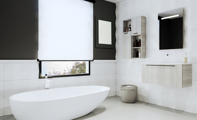 view of the bath with a large window covered with a curtain. 3D rendering. Mockup. Blank paintings.