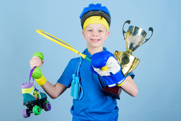 Succeed in everything. Athlete successful boy sport equipment jump rope boxing glove tennis racket...