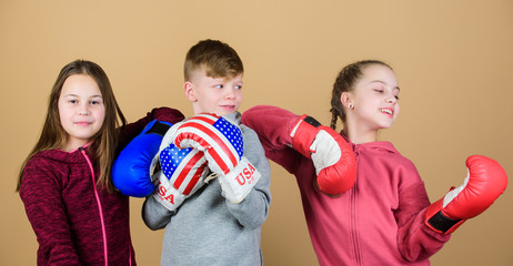 Friendly sparring. American sport concept. Children sporty practicing boxing skills. Boxing sport....
