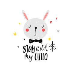 Funny hare with bow and lettering