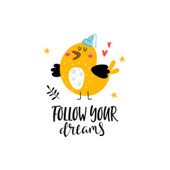 Funny bird illustration with lettering