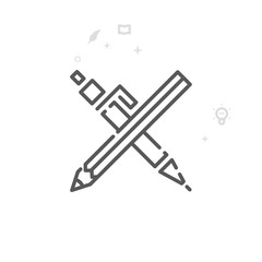 Crossed Pen and Pencil Vector Line Icon. Writing, Authors and Books Symbol, Pictogram, Sign. Light Abstract Geometric Background. Editable Stroke. Adjust Line Weight. Design with Pixel Perfection.