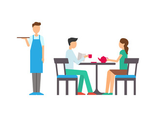 Man and woman in cafeteria, girl holding teapot, boy reading paper and drinking, standing waiter with tray. Leisure of people, flat design of cafe vector