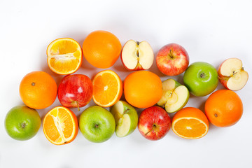 mix green red apple orange whole fruit cut slice half on white background