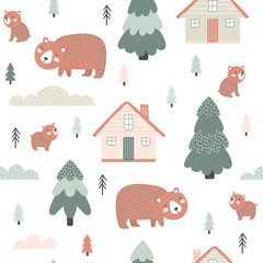 Seamless pattern with houses and bears