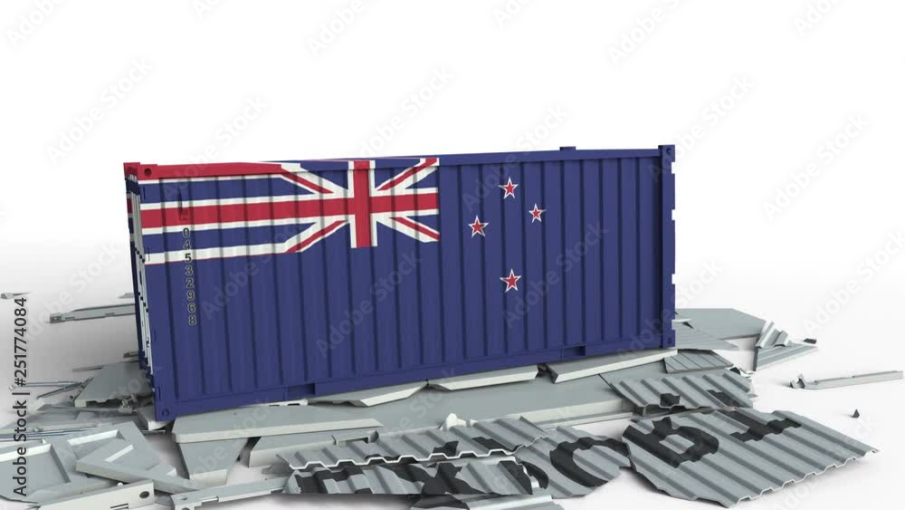 Poster container with flag of new zealand breaking container with export text. conceptual 3d animation