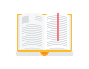 Book in yellow cover with bookmark. Education in university, library and knowledges, information icon with shadow. Open textbook with stipes in flat vector