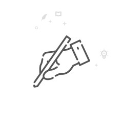 Hand Holding a Pencil Vector Line Icon. Writing, Authors and Books Symbol, Pictogram, Sign. Light Abstract Geometric Background. Editable Stroke. Adjust Line Weight. Design with Pixel Perfection.