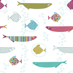 Naklejka premium Seamless pattern with cute hand drawn fishes and air bubbles.