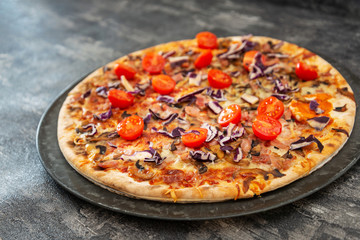 pizza cooked with standard cooked ham and mushrooms