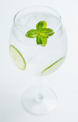 Martini royale cocktail in wine glass with lime and mint. Selective focus. Shallow depth of field.