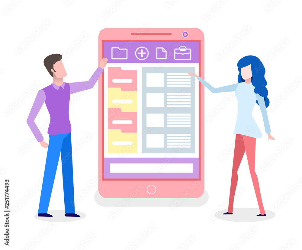 Poster cell phone with icons vector, developers with smartphone touchscreen. man and woman looking at scree
