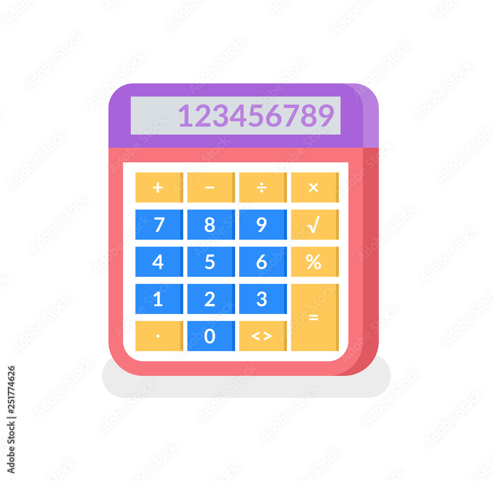 Poster calculating machine with numbers vector, numeric data. device with buttons, object used in finance a