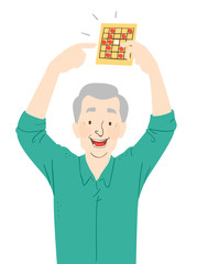 Senior Man Win Card Game Illustration