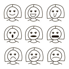 Set of cool vector faces, different emotions. Linear style cute smiley emoticons set. Girl character