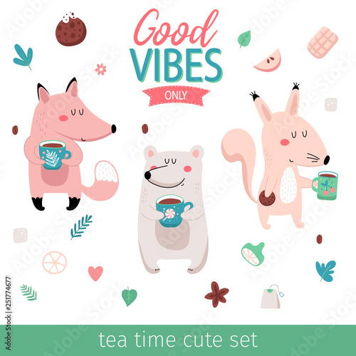Animals with tea cups clip art