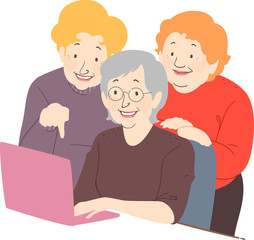 Senior Woman Friends Laptop Illustration