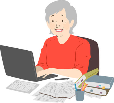 recommend clip art: Senior Woman Writer Laptop Notes Illustration