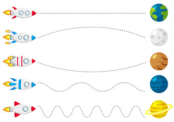 Trace line worksheet for kids, practicing fine motor skills. Help rocket fly to planets. Educational game for preschool kids. Vector illustration.