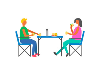 Happy couple on picnic sitting on chairs at table. Man and woman drinking tea with hamburgers, male and female having snack isolated on white, vector people