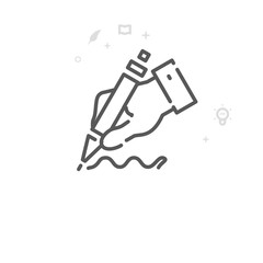 Hand Holding a Pen Vector Line Icon. Writing, Authors and Books Symbol, Pictogram, Sign. Light Abstract Geometric Background. Editable Stroke. Adjust Line Weight. Design with Pixel Perfection.