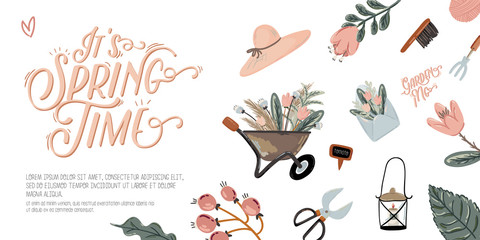 Cute Hello Spring set with hand drawn garden elements