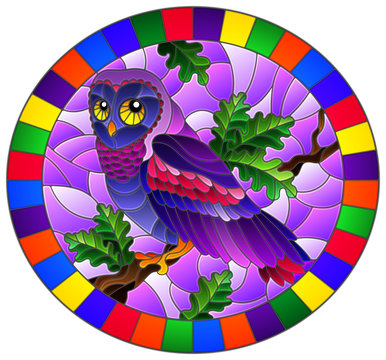 Illustration in stained glass style with fabulous purple owl sitting on a tree branch on a purple background ,oval picture frame in bright