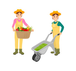 Woman with farming basket vector. Container full of vegetables, carrot and peppers fresh veggies. Farmer and compost in carriage trolley with wheel