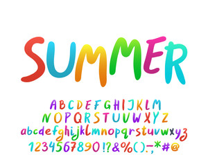 Bright hand drawn Alphabet for summer themes. Vector letters, numbers and punctuation marks