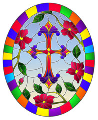 Stained glass illustration with a  purple Christian cross in the sky and pink flowers, oval picture in a bright frame