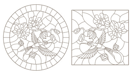 A set of contour illustrations of stained glass Windows with Hummingbird  and orchids, round and rectangular images