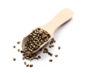 Hemp seeds in wooden spoon isolated on white background