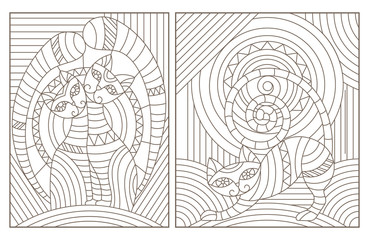 Set of outline illustrations in the style of stained glass with abstract cats , dark outlines on white background