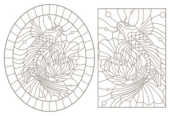 A set of contour illustrations of stained glass Windows with fish and Lotus flowers, dark contours on a white background, oval and rectangular images