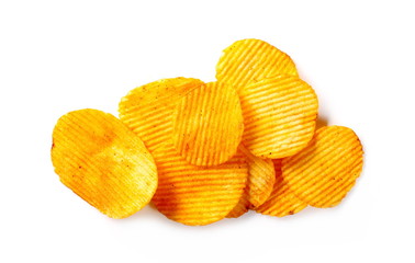 Pepper, paprika flavored potato chips, crisps isolated on white background, top view