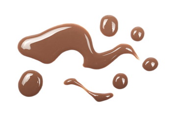 Chocolate milk puddle isolated on white background, top view