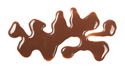 Chocolate milk puddle isolated on white background, top view