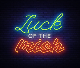 Luck oh the Irish Neon signboard Vector. Happy St. Patrick's Day neon sign, design template, modern trend design, night neon signboard, night bright advertising, light banner, light art. Vector