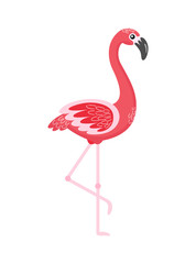 Pink flamingo, element for decoration or symbol for emblem. Side view of standing bird with raised foot, flat style of colorful tropic animal vector