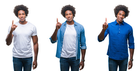 Collage of african american young shirtless man and business man over isolated background showing and pointing up with finger number one while smiling confident and happy.
