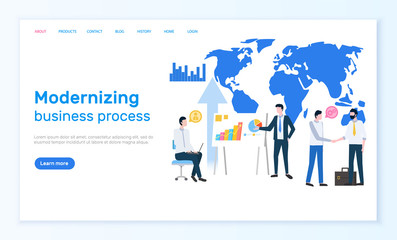 Modernizing business process online Internet page vector. World map and statistical graphics, charts or diagrams, businessmen and project discussion. Website, webpage template, landing page flat style