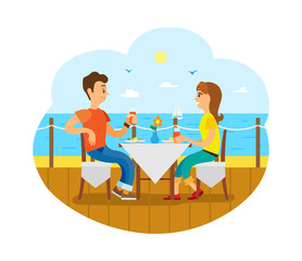Traveling, couple having breakfast on deck near sea vector. Romantic date at restaurant or cafe on shore or coast, honeymoon, trip or journey, sailboat