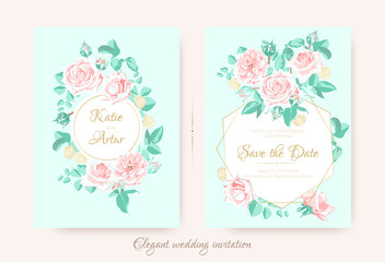 Wedding Invite with Roses Composition and Border.