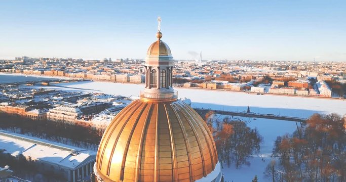 Saint Isaac's Cathedral, Isaakievskiy Sobor from bird view. Ancient temple, architecture in the winter city. 4K Drone. ST. PETERSBURG, Russia.
