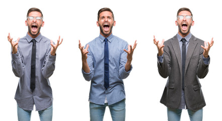 Collage of young business hispanic man over isolated background crazy and mad shouting and yelling...