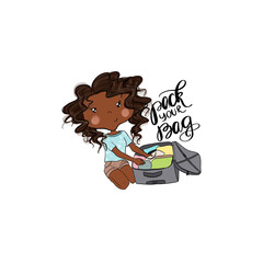 African American Hair Girl Packs A Suitcase Isolated On A White Background Pack Your Bag Hand Drawn Illustration